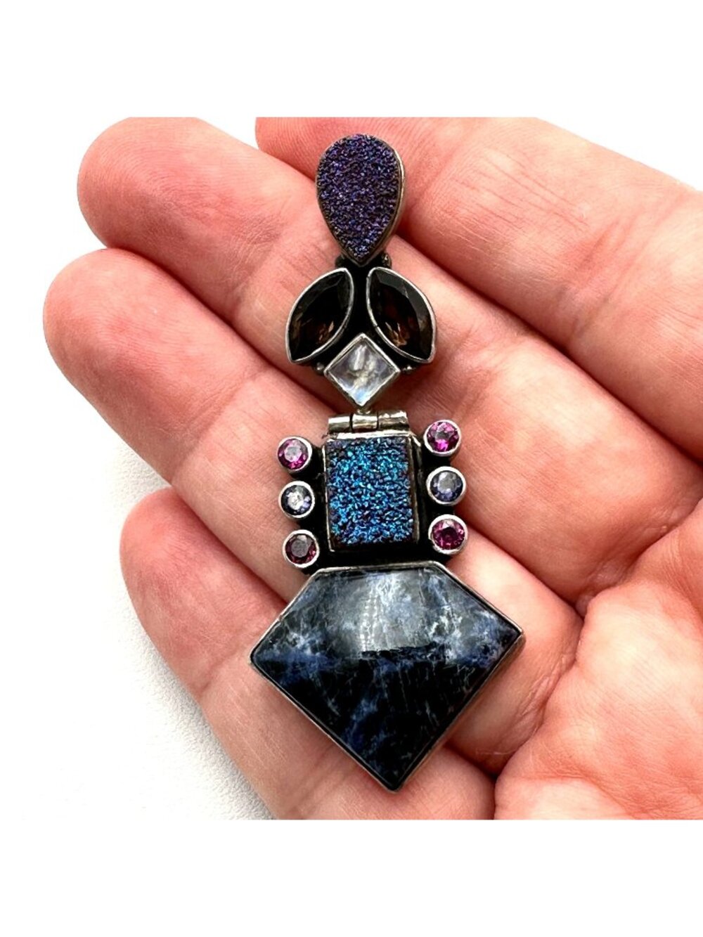 Nicky Butler Multi Gemstone Druzy Quartz Sterling Silver Pendant 2.5 Inch